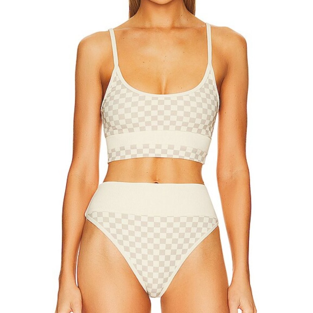Beach Riot Eva Bikini Top and Emmy High Cut Bottom in Cream Tan Checker Print